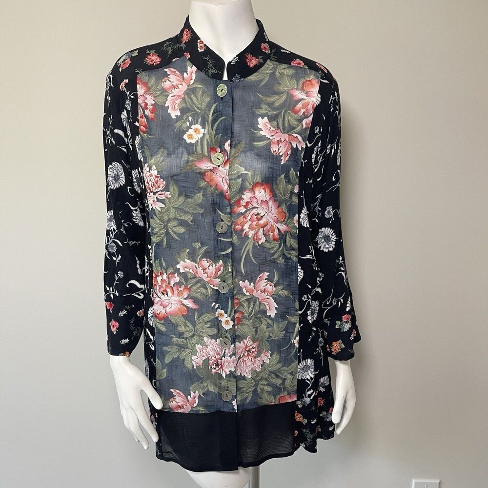 Francesca Rose Mandarin‎ Collar Floral Tunic Shirt M Asian Art Boho Whimsigoth